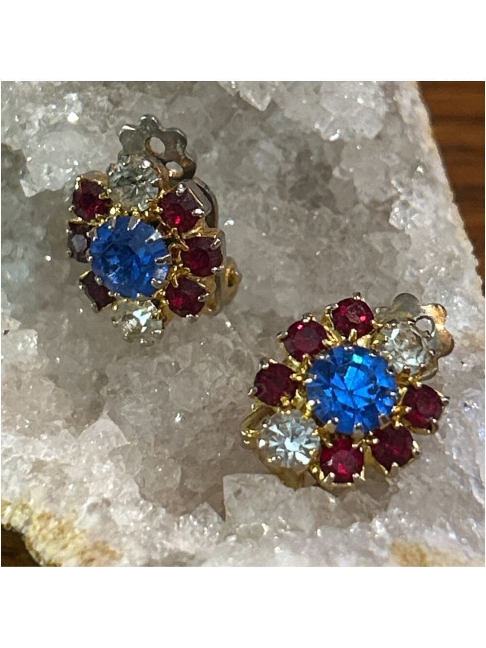 Women's Lisner Blue Red Gold Tone Rhinestone Clip-On Earrings